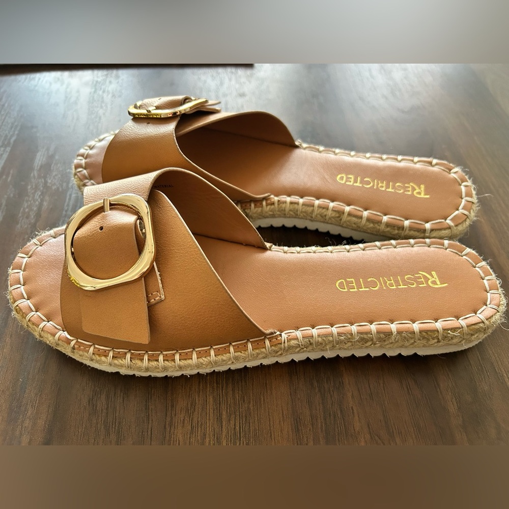 Restricted Tan Pleather Sandals with Gold Buckle Accent